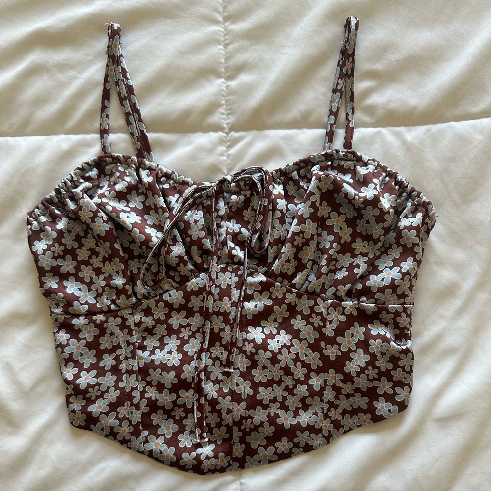Brown and White Crop Top with Tie Front